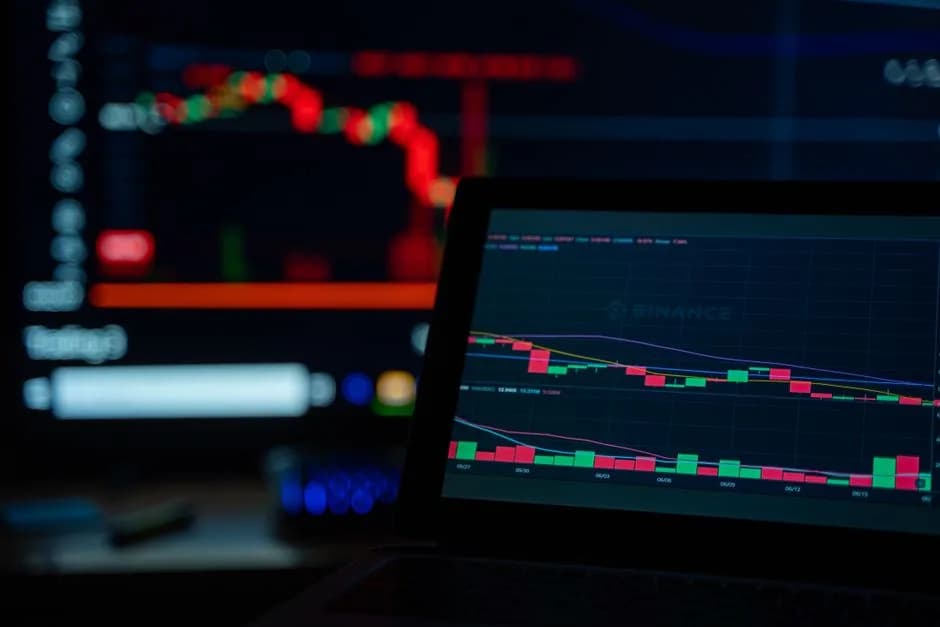 Cryptocurrency price chart displayed on a laptop screen, representing the declining dollar-denominated Solana TVL numbers making headlines in 2026